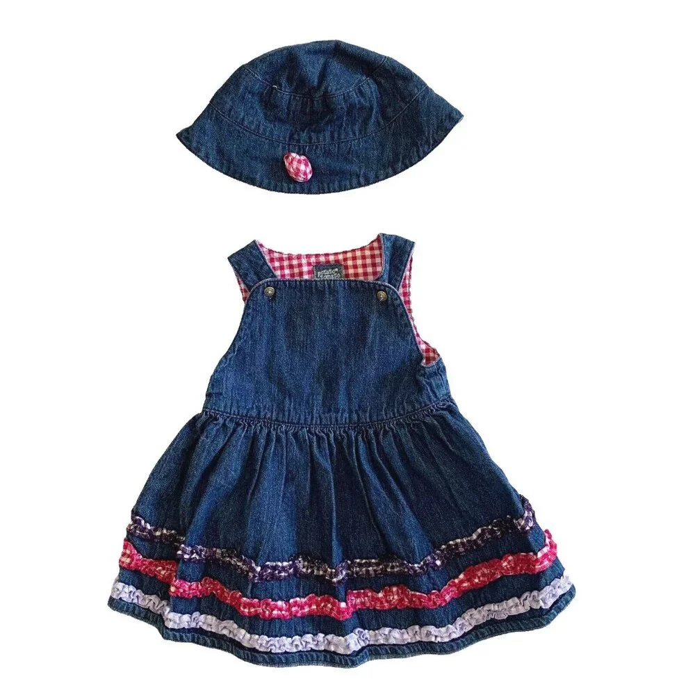 Potato Tomato Girls Size 9M Dress Denim Plaid Tiered Ruffle Dress and Hat Set